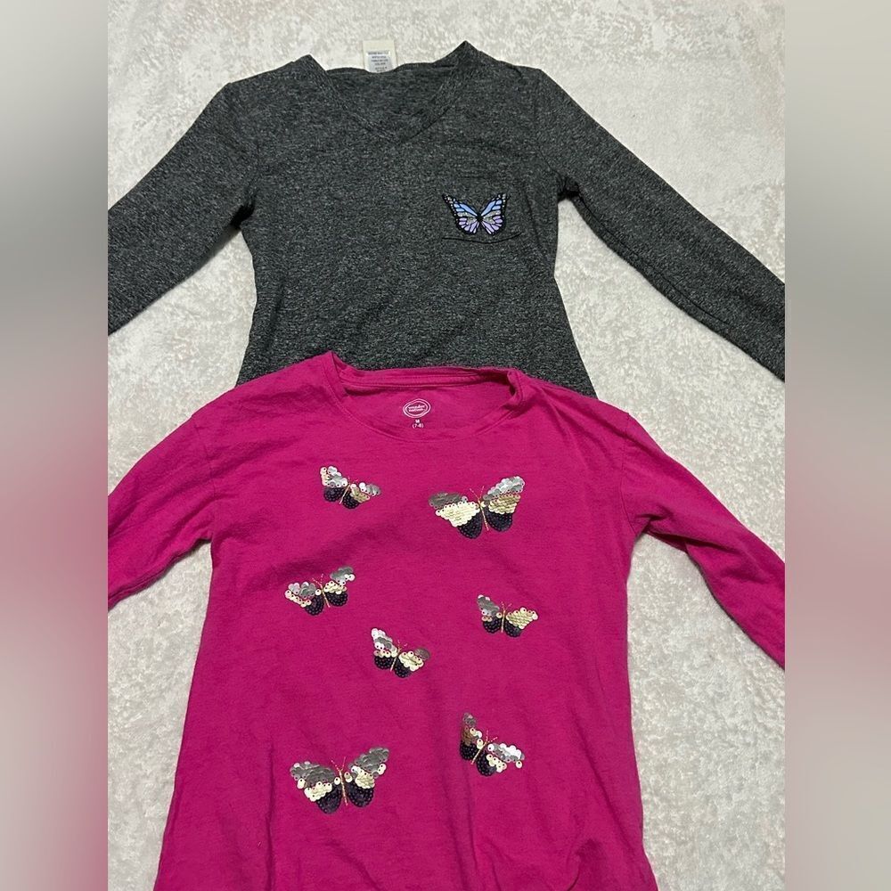 Butterfly Print Shirts Lot Long-Sleeve Pink/ Gray | Girls Size 7/8